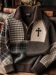 Herren-Vintage-Pullover mit christlichem Kreuz, kariertem Hahnentrittmuster und Farbblock-Print aus Tweed – gemütlich und stilvoll