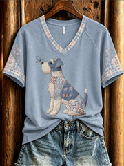 Damen-Patchwork-Hund Kunstdruck lässig T-Shirt