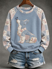 Damen-Patchwork-Sweatshirt mit Hundemotiv-Print, lässig