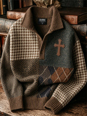 Herren-Vintage-Pullover mit christlichem Kreuz, kariertem Hahnentrittmuster und Farbblock-Print aus Tweed – gemütlich und stilvoll
