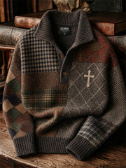 Herren-Vintage-Pullover mit christlichem Kreuz, kariertem Hahnentrittmuster und Farbblock-Print aus Tweed – gemütlich und stilvoll