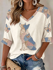 Damen-Lässiges T-Shirt mit Patchwork-Hundemotiv-Print