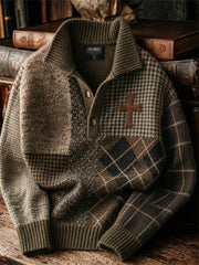 Herren-Vintage-Pullover mit christlichem Kreuz, kariertem Hahnentrittmuster und Farbblock-Print aus Tweed – gemütlich und stilvoll