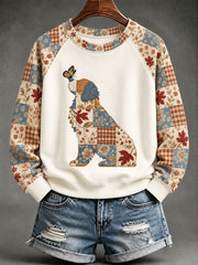 Damen-Patchwork-Sweatshirt mit Hundemotiv-Print, lässig