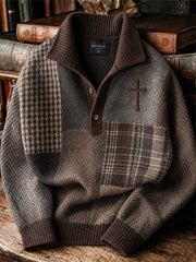 Herren-Vintage-Pullover mit christlichem Kreuz, kariertem Hahnentrittmuster und Farbblock-Print aus Tweed – gemütlich und stilvoll