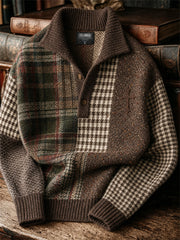 Herren-Vintage-Pullover mit christlichem Kreuz, kariertem Hahnentrittmuster und Farbblock-Print aus Tweed – gemütlich und stilvoll