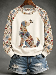 Damen-Patchwork-Sweatshirt mit Hundemotiv-Print, lässig