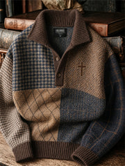 Herren-Vintage-Pullover mit christlichem Kreuz, kariertem Hahnentrittmuster und Farbblock-Print aus Tweed – gemütlich und stilvoll