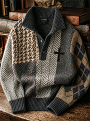 Herren-Vintage-Pullover mit christlichem Kreuz, kariertem Hahnentrittmuster und Farbblock-Print aus Tweed – gemütlich und stilvoll