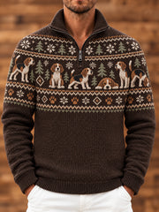 Herren-Pullover mit aufgestelltem Kragen und Tier-/Hundemotiv-Druck