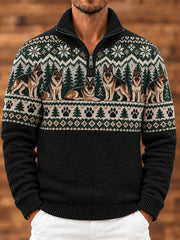 Herren-Pullover mit aufgestelltem Kragen und Tier-/Hundemotiv-Druck