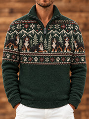 Herren-Pullover mit aufgestelltem Kragen und Tier-/Hundemotiv-Druck