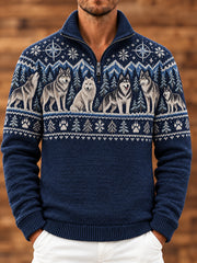 Herren-Pullover mit aufgestelltem Kragen und Tier-/Hundemotiv-Druck