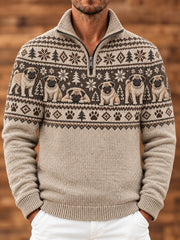 Herren-Pullover mit aufgestelltem Kragen und Tier-/Hundemotiv-Druck