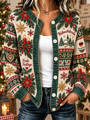 Damen-Weihnachtshemd-Druck-Waffel-Strick-Langarm-Jacke