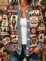 Damenjacke mit weihnachtlichem Print, waffelstrukturiert und langärmlig