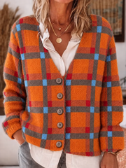 Damen Retro Herbst Kariertes Muster Kunst Freizeit Strickjacke