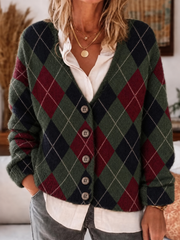 Damen Retro Grid Muster Kunst Freizeit Strickjacke