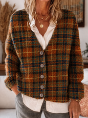 Damen-Retro-Strickjacke im Herbst-Stil mit Karomuster, lässiger Kunst-Style