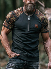 Herren-Kurzarm-T-Shirt mit Retro-Farb block Camo-Print mit halbem Reiß verschluss und Rundhals ausschnitt