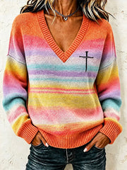 Gestreifter Kreuz pullover für Frauen mit christlicher Kunst
