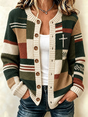 Damen-Strickcardigan mit Patchwork- und Kreuzmuster