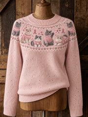 Damenpullover mit Katzenmuster und rosa Charity-Schleifen-Design, lässiger Raglanärmel