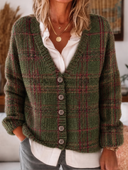 Damen Retro Karo Muster Kunst Casual Strickjacke