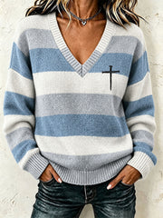 Gestreifter Kreuz-Pullover mit christlicher Frauenkunst