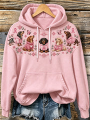 Kapuzenpullover für Damen mit Hunde-Muster und rosa Wohltätigkeitsband-Design, lässiger Stil