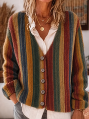 Damen Retro bunt gestreifte Kunst Freizeit-Strickjacke