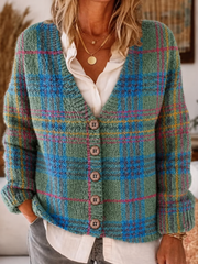 Damen-Retro-Strickjacke mit Karomuster, lässiger Stil