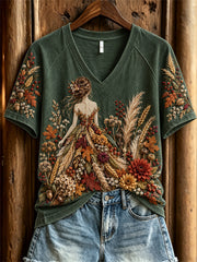 Damen-Herbst-Natur-Porträt Herbst-Botanik-Print T-Shirt mit kurzen Ärmeln
