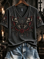 Damen-Vintage-Gothic-T-Shirt mit Totenkopf- und Schmetterlingsdruck, V-Ausschnitt und kurzen Ärmeln