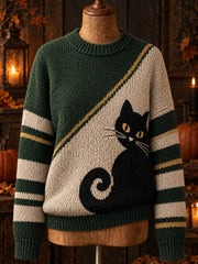 Damen-Halloween-Pullover mit Katzenmuster