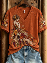 Damen-Herbst-Natur-Porträt Herbst-Botanik-Print T-Shirt mit kurzen Ärmeln