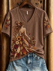 Damen-Herbst-Natur-Porträt Herbst-Botanik-Print T-Shirt mit kurzen Ärmeln