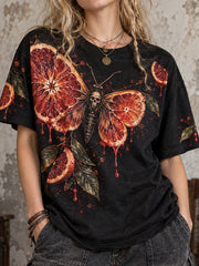 Damen Gothic Halloween Blutorange Todes motte Muster Lässiges Kurzarm-T-Shirt