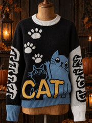 Damen-Halloween-Pullover mit Katzenmuster
