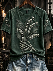 Vintage Gothic Skull Lily of the Valley Print Rundhals-T-Shirt