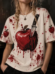 Damen Gothic Halloween Blutige Apfel Dolch Muster Lässiges T-Shirt mit kurzen Ärmeln