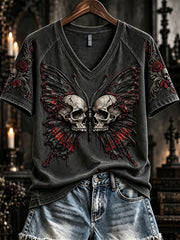 Damen Vintage Gothic Skull Butterfly Print V-Ausschnitt Kurzarm T-Shirt