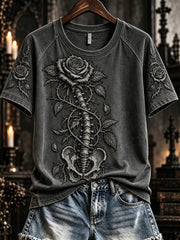Damen Vintage Gothic Skelett Rose Print Rundhals-T-Shirt
