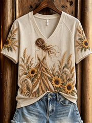 Damen-Herbst-Natur-Porträt Herbst-Botanik-Print T-Shirt mit kurzen Ärmeln