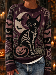 Damen-Halloween-Pullover mit Katzenmuster