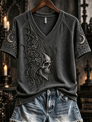 Damen-Vintage-Gothic-T-Shirt mit Totenkopf- und Schmetterlingsdruck, V-Ausschnitt und kurzen Ärmeln