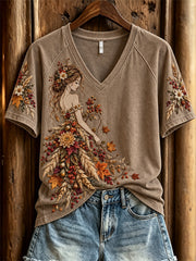 Damen-Herbst-Natur-Porträt Herbst-Botanik-Print T-Shirt mit kurzen Ärmeln