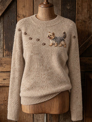 Damen Lovely Yorkie Dog Walking & Paw Prints Print Pullover mit Rundhals ausschnitt