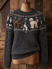 Damen Vintage Portugiesische Wasser hunde Yoke Isle Print Pullover mit Rundhals ausschnitt