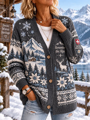 Damen-Strickcardigan mit Alpin-Print und Rollkragen